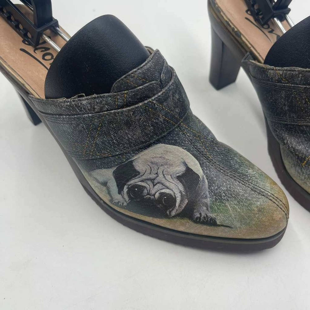 Icon Womens Pug Dog Graphic Leather Mules Clogs Black Gray‎ Size 5.5M - Picture 4 of 8